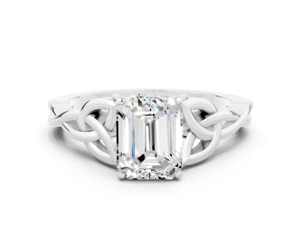 Platinum Emerald Cut Moissanite Solitaire Celtic Knot Ring with Four-Prong Setting