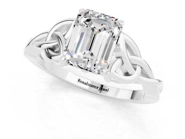 Silver Emerald Cut Moissanite Solitaire Celtic Knot Ring with Four-Prong Setting