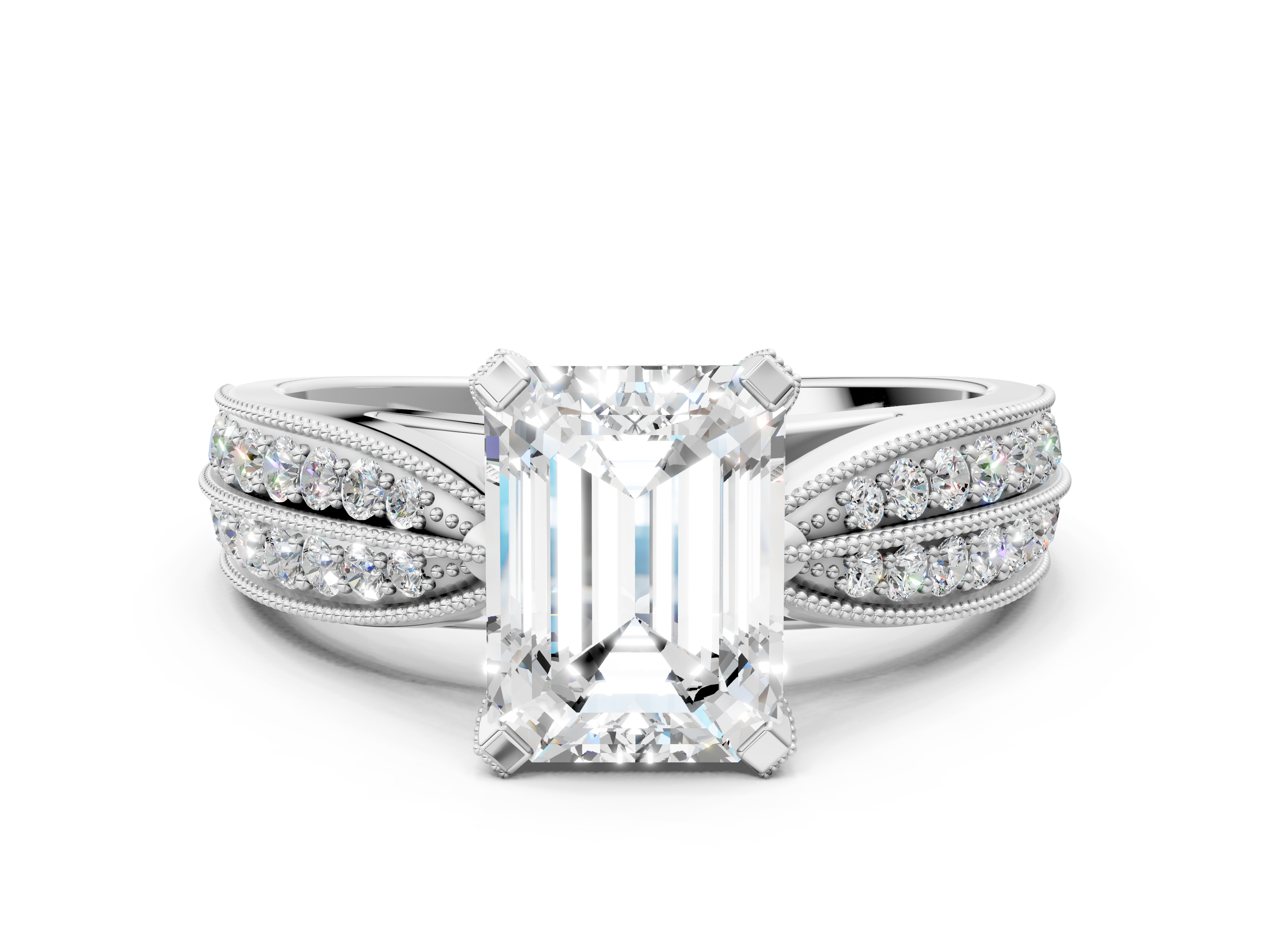 White gold Emerald Cut Moissanite   Solitaire Diamond Ring with Milgrain Pavé Band and Four-Prong Setting_33