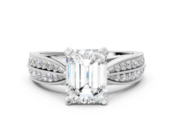 Silver Emerald Cut Moissanite   Solitaire Diamond Ring with Milgrain Pavé Band and Four-Prong Setting