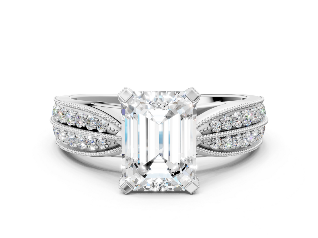 White gold Emerald Cut Moissanite   Solitaire Diamond Ring with Milgrain Pavé Band and Four-Prong Setting_33