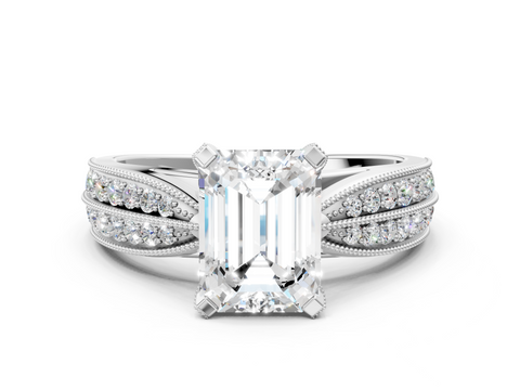 White gold Emerald Cut Moissanite   Solitaire Diamond Ring with Milgrain Pavé Band and Four-Prong Setting_33