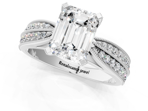 White gold Emerald Cut Moissanite   Solitaire Diamond Ring with Milgrain Pavé Band and Four-Prong Setting_34