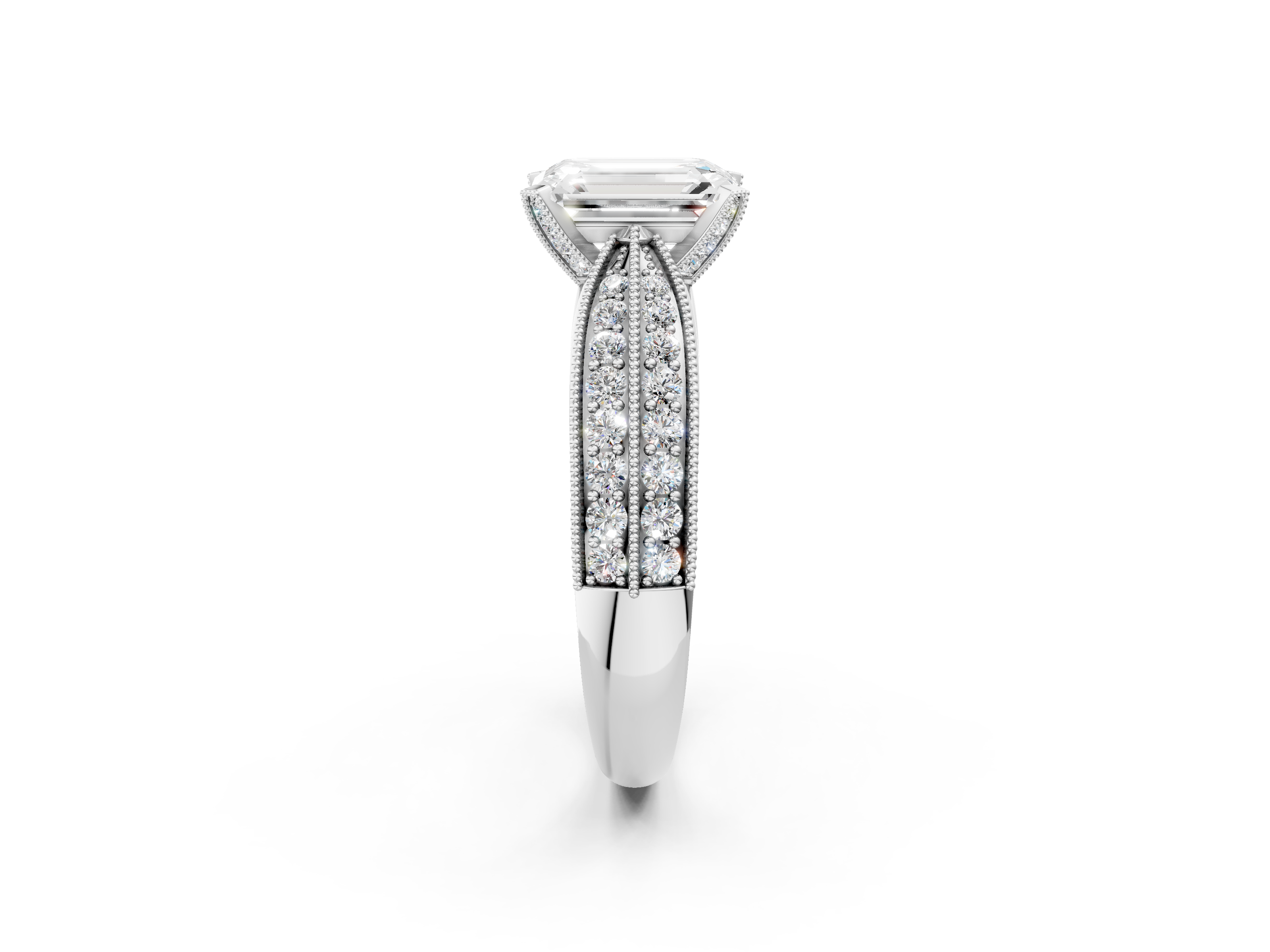 White gold Emerald Cut Moissanite   Solitaire Diamond Ring with Milgrain Pavé Band and Four-Prong Setting_35