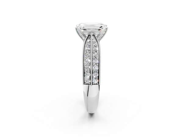 Platinum Emerald Cut Moissanite   Solitaire Diamond Ring with Milgrain Pavé Band and Four-Prong Setting
