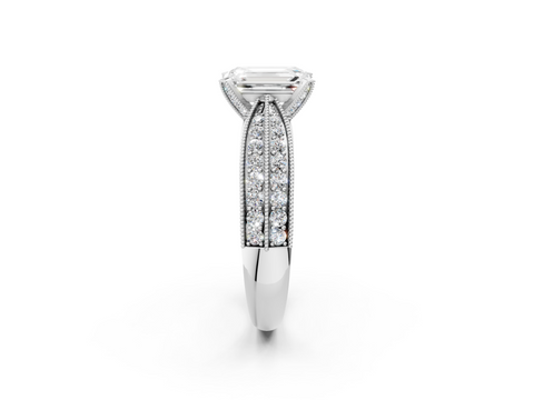 White gold Emerald Cut Moissanite   Solitaire Diamond Ring with Milgrain Pavé Band and Four-Prong Setting_35