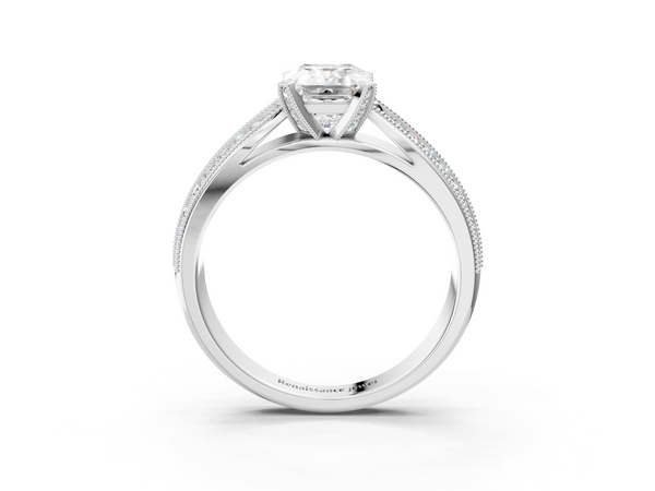 Platinum Emerald Cut Moissanite   Solitaire Diamond Ring with Milgrain Pavé Band and Four-Prong Setting