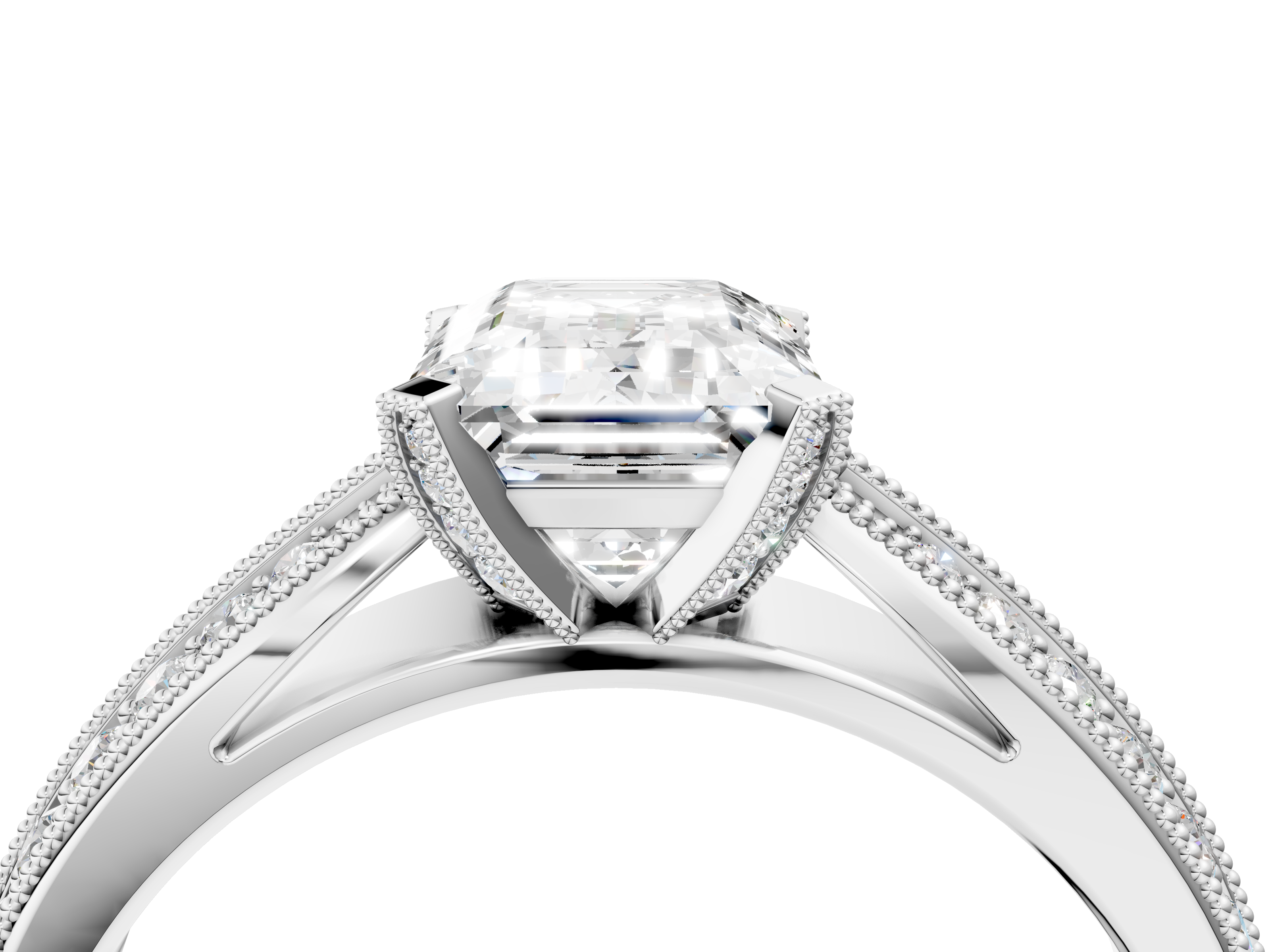 White gold Emerald Cut Moissanite   Solitaire Diamond Ring with Milgrain Pavé Band and Four-Prong Setting_37