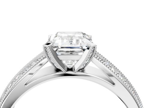 White gold Emerald Cut Moissanite   Solitaire Diamond Ring with Milgrain Pavé Band and Four-Prong Setting_37