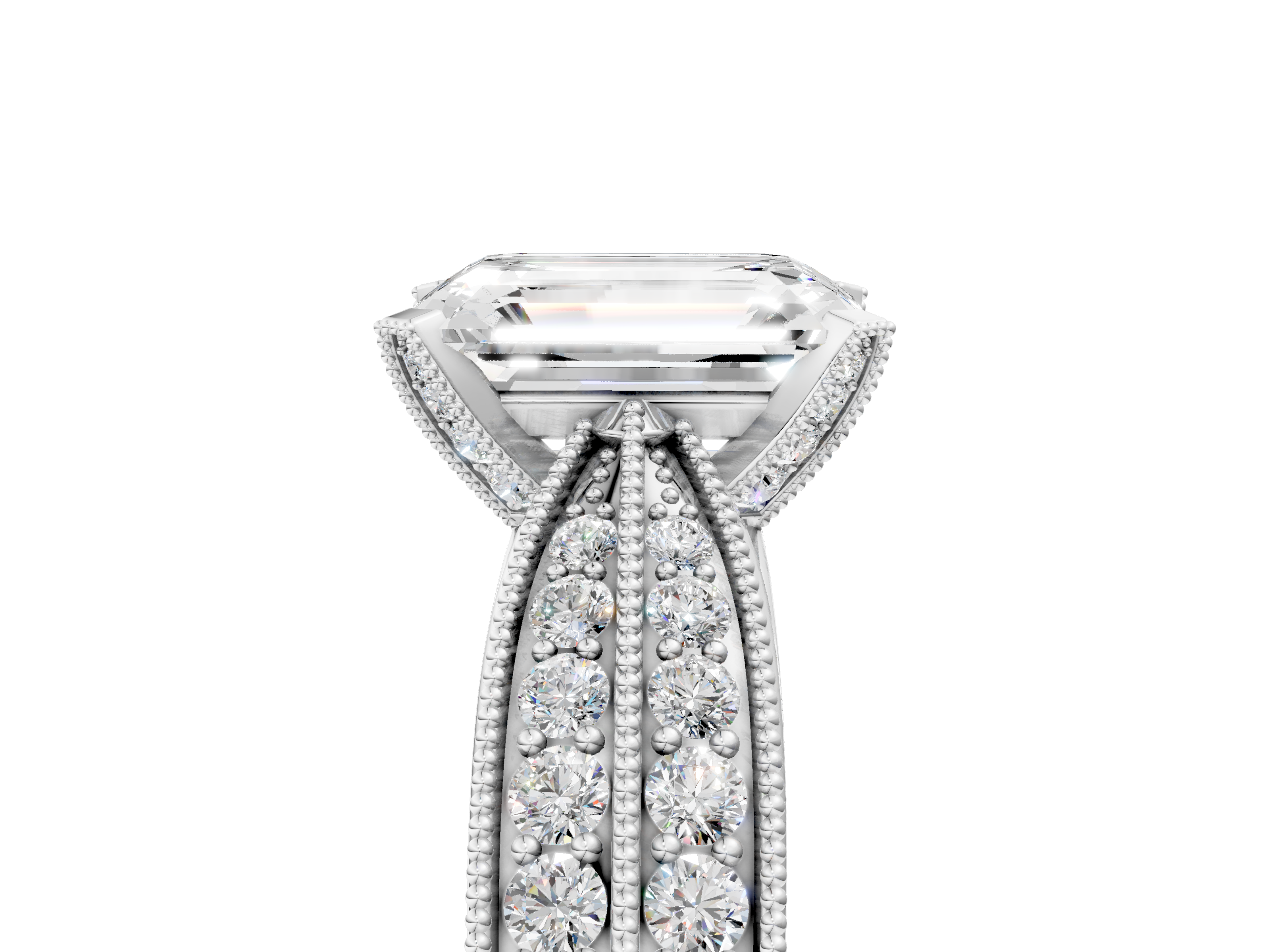 White gold Emerald Cut Moissanite   Solitaire Diamond Ring with Milgrain Pavé Band and Four-Prong Setting_38