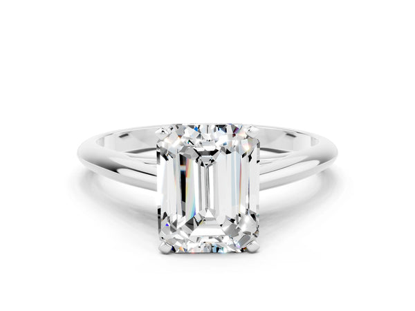 Silver Emerald Cut Moissanite Solitaire Engagement Ring with Cathedral Setting and Four-Prong Mount
