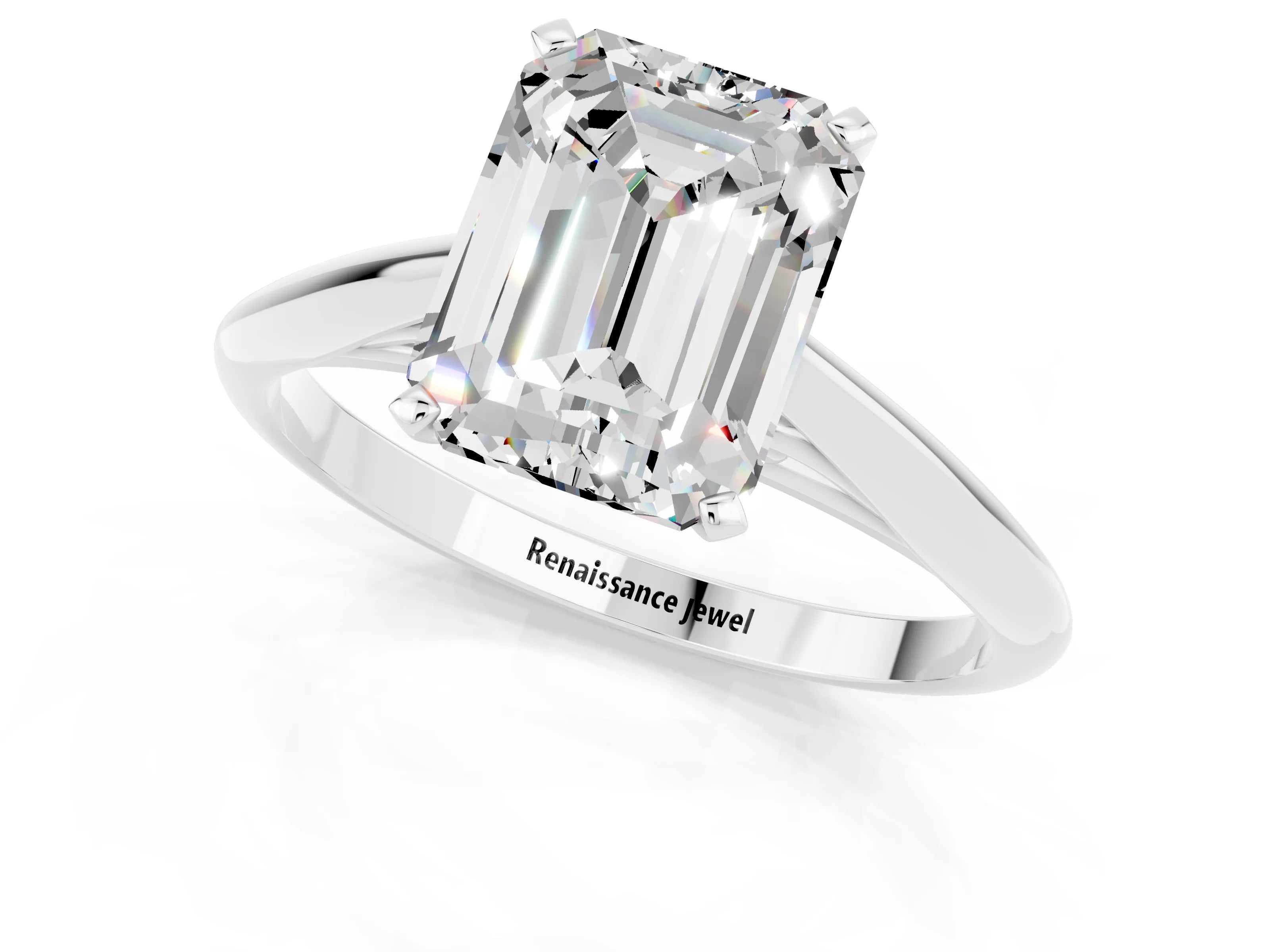 White gold Emerald Cut Moissanite Solitaire Engagement Ring with Cathedral Setting and Four-Prong Mount_13