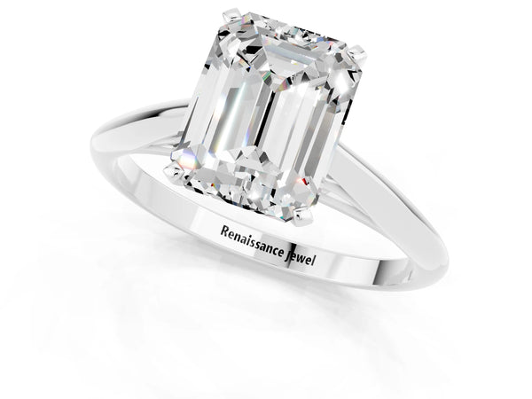 Platinum Emerald Cut Moissanite Solitaire Engagement Ring with Cathedral Setting and Four-Prong Mount
