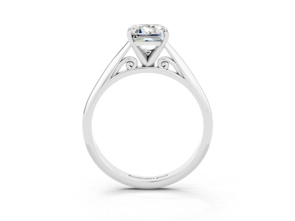 Platinum Emerald Cut Moissanite Solitaire Engagement Ring with Cathedral Setting and Four-Prong Mount