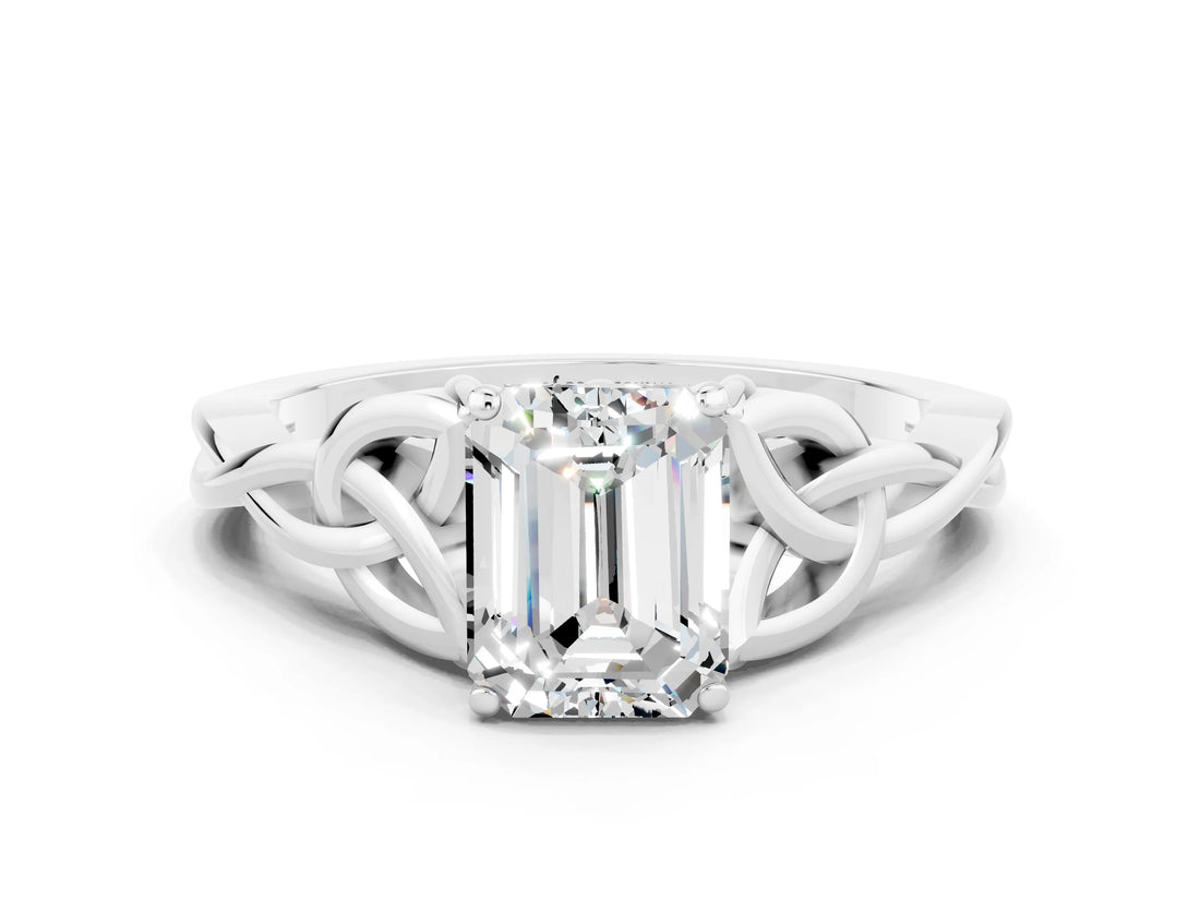 White gold Emerald Cut Moissanite Solitaire Engagement Ring with Celtic Knot Band and Four-Prong Setting
