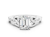 White gold Emerald Cut Moissanite Solitaire Engagement Ring with Celtic Knot Band and Four-Prong Setting