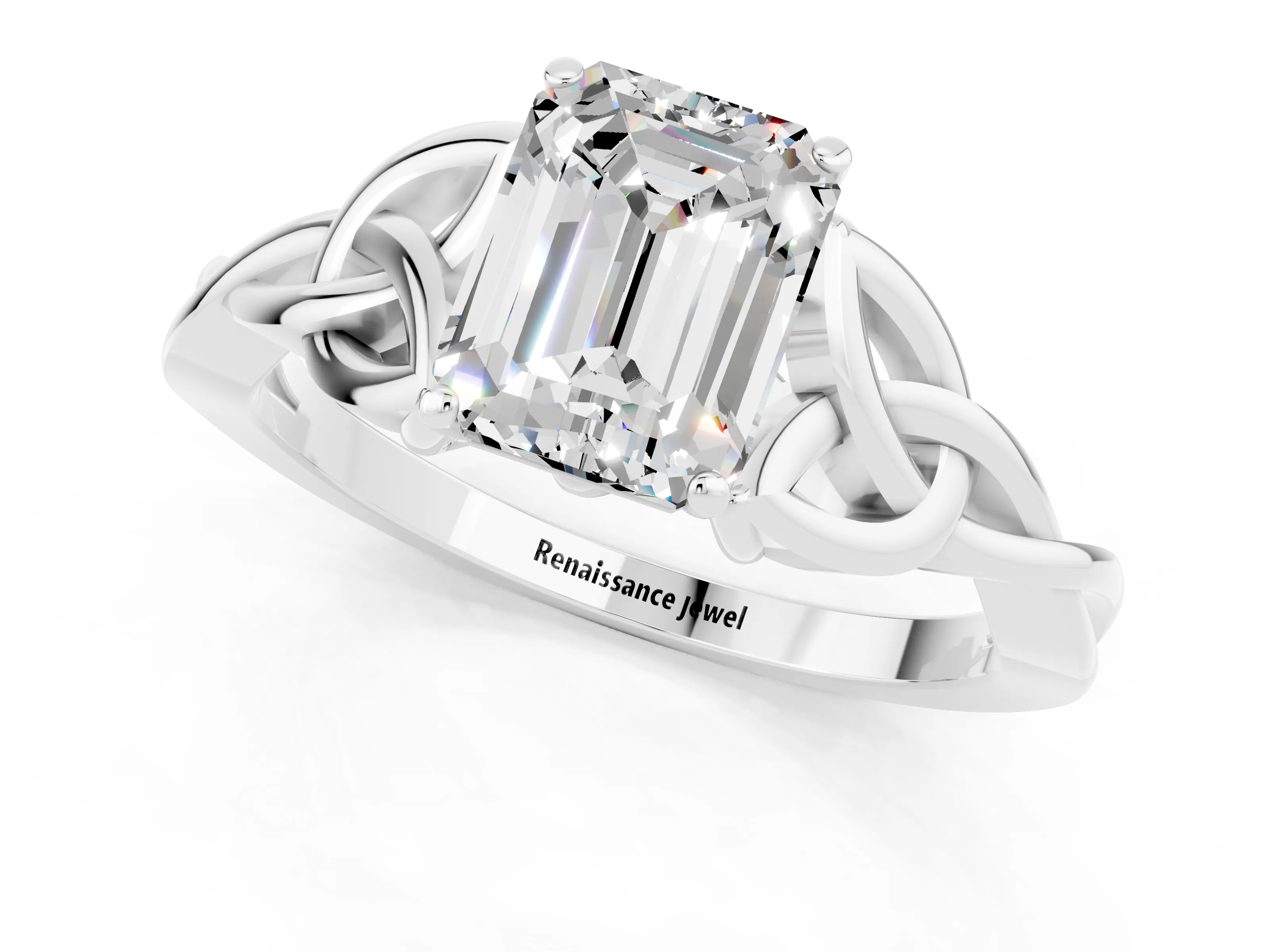 White gold Emerald Cut Moissanite Solitaire Engagement Ring with Celtic Knot Band and Four-Prong Setting_1