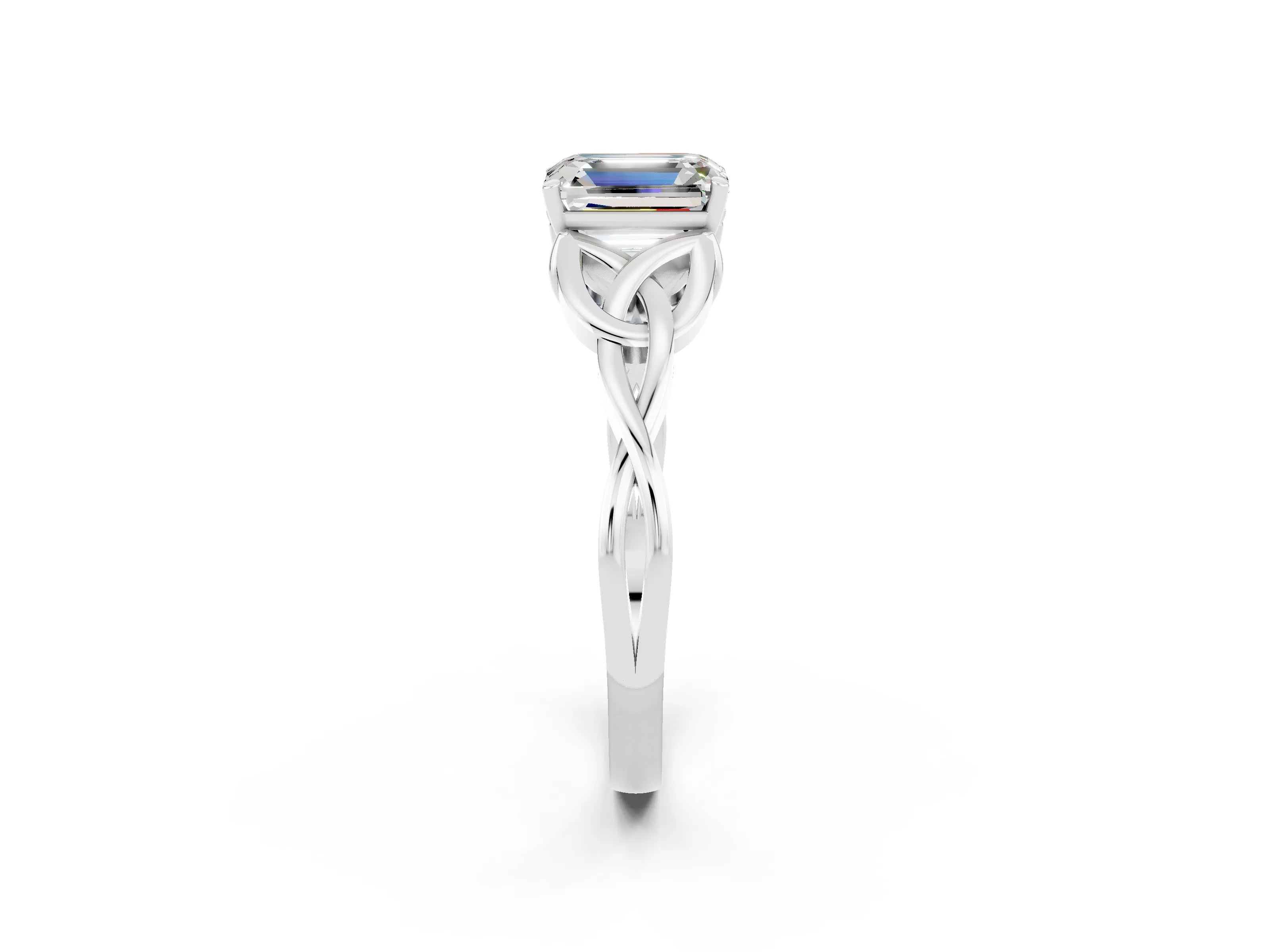 White gold Emerald Cut Moissanite Solitaire Engagement Ring with Celtic Knot Band and Four-Prong Setting_2