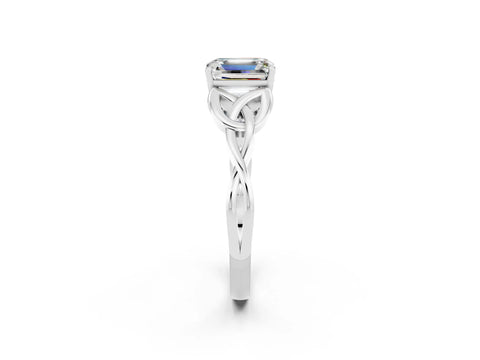 White gold Emerald Cut Moissanite Solitaire Engagement Ring with Celtic Knot Band and Four-Prong Setting_2