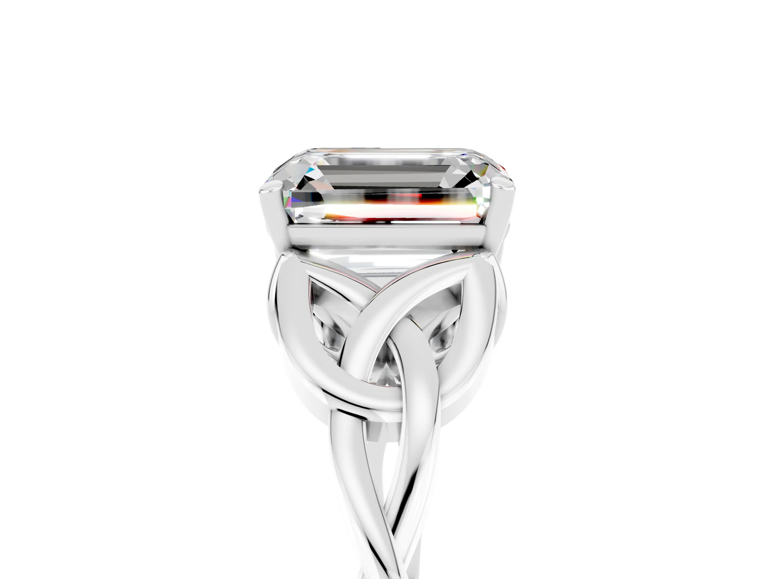 White gold Emerald Cut Moissanite Solitaire Engagement Ring with Celtic Knot Band and Four-Prong Setting_5