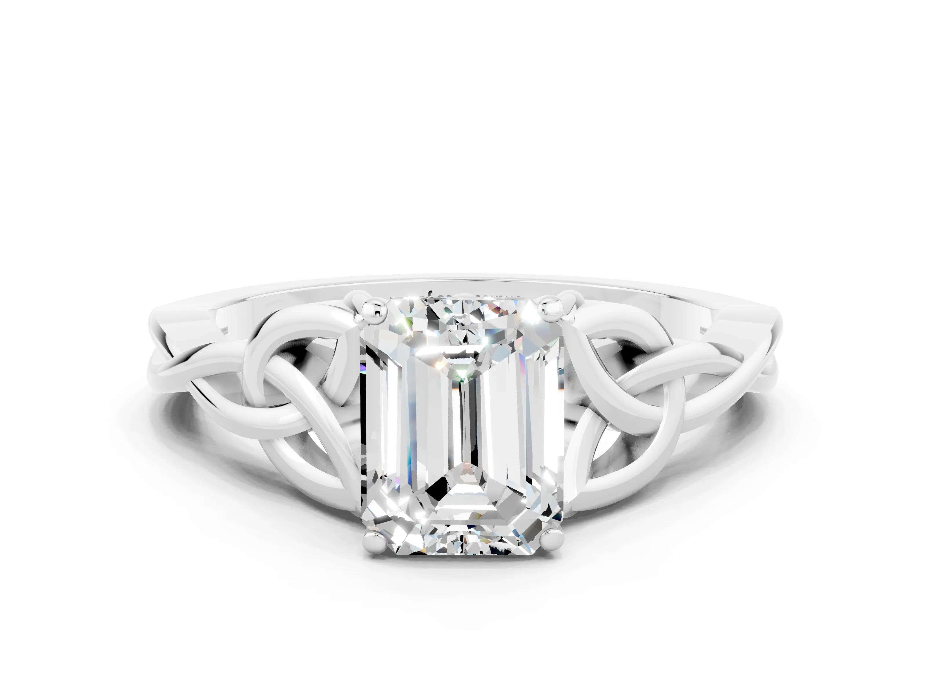 White gold Emerald Cut Moissanite Solitaire Engagement Ring with Celtic Knot Band and Four-Prong Setting