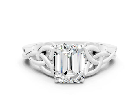 White gold Emerald Cut Moissanite Solitaire Engagement Ring with Celtic Knot Band and Four-Prong Setting