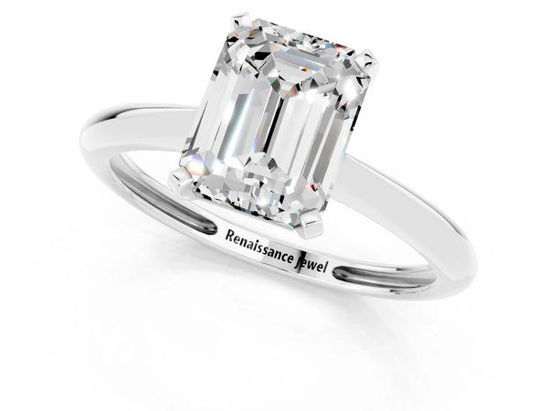 White gold Emerald Cut Moissanite Solitaire Engagement Ring with Classic Band and Four-Prong Setting