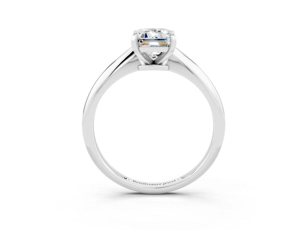 White gold Emerald Cut Moissanite Solitaire Engagement Ring with Classic Band and Four-Prong Setting