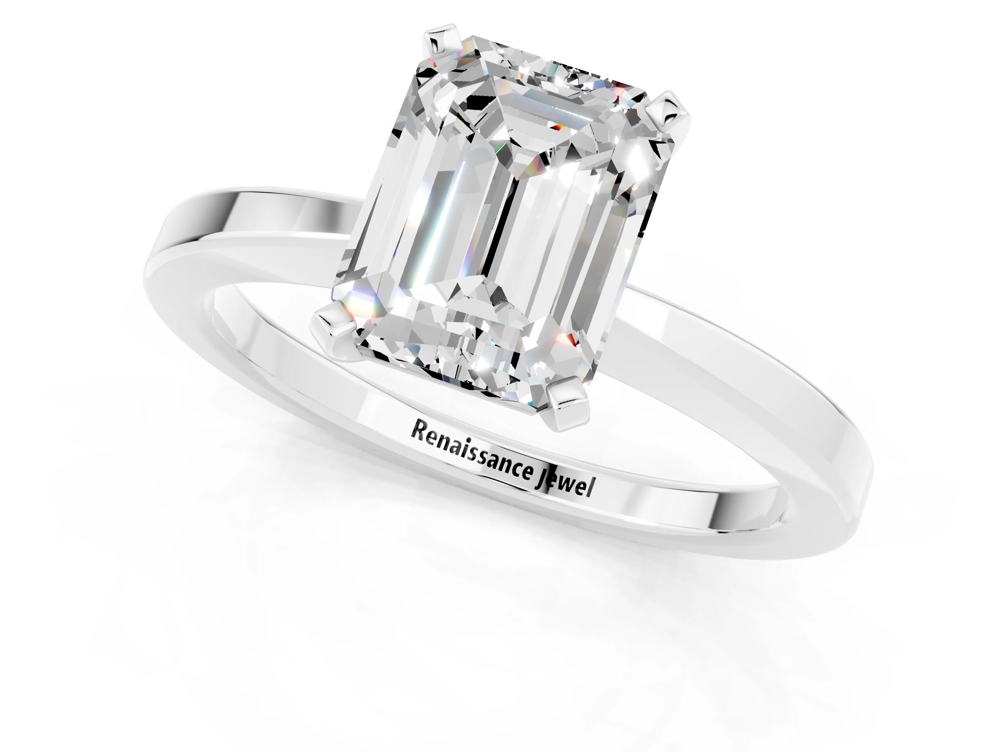 White gold Emerald Cut Moissanite Solitaire Engagement Ring with Classic Band and Four-Prong Setting_25