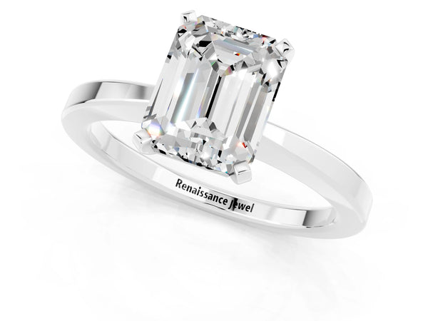 Silver Emerald Cut Moissanite Solitaire Engagement Ring with Classic Band and Four-Prong Setting