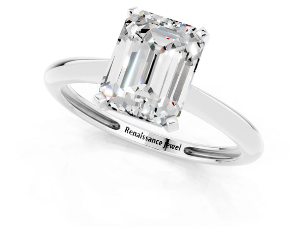 White gold Emerald Cut Moissanite Solitaire Engagement Ring with Classic Band and Four-Prong Setting