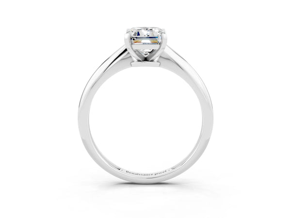 White gold Emerald Cut Moissanite Solitaire Engagement Ring with Classic Band and Four-Prong Setting