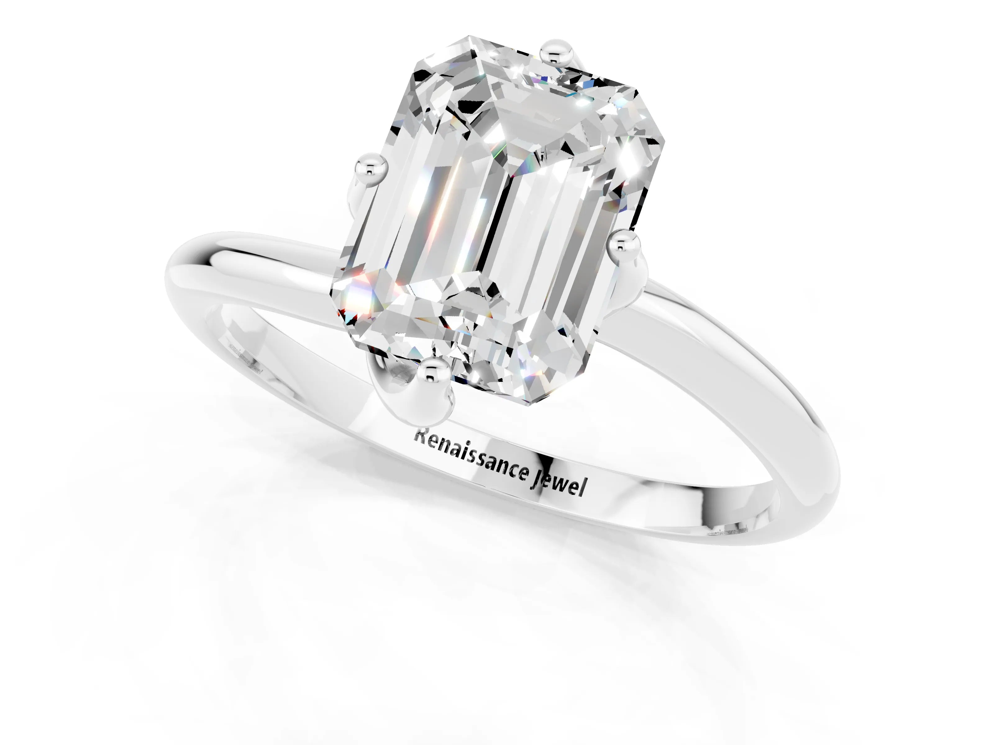 White gold Emerald Cut Moissanite Solitaire Engagement Ring with Four-Prong Setting and Classic Band_13
