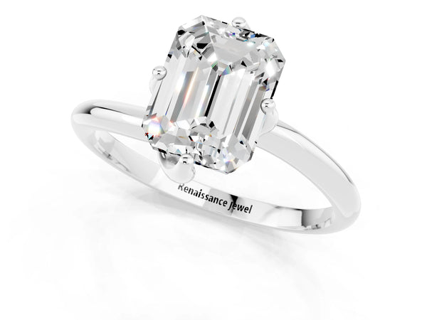 Silver Emerald Cut Moissanite Solitaire Engagement Ring with Four-Prong Setting and Classic Band