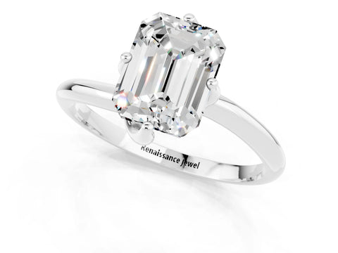 White gold Emerald Cut Moissanite Solitaire Engagement Ring with Four-Prong Setting and Classic Band_13