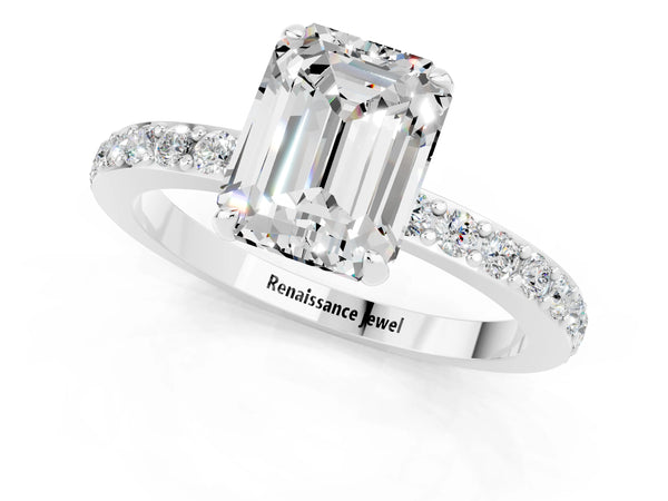 White gold Emerald Cut Moissanite Solitaire Engagement Ring with Pavé Band and Four-Prong Setting