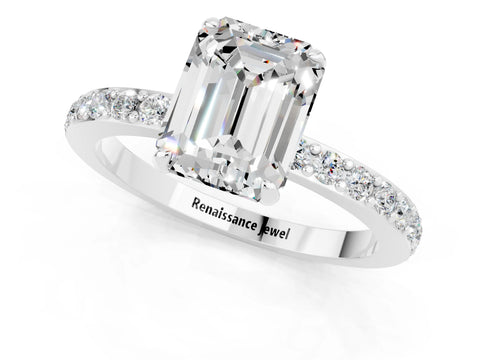 White gold Emerald Cut Moissanite Solitaire Engagement Ring with Pavé Band and Four-Prong Setting_1