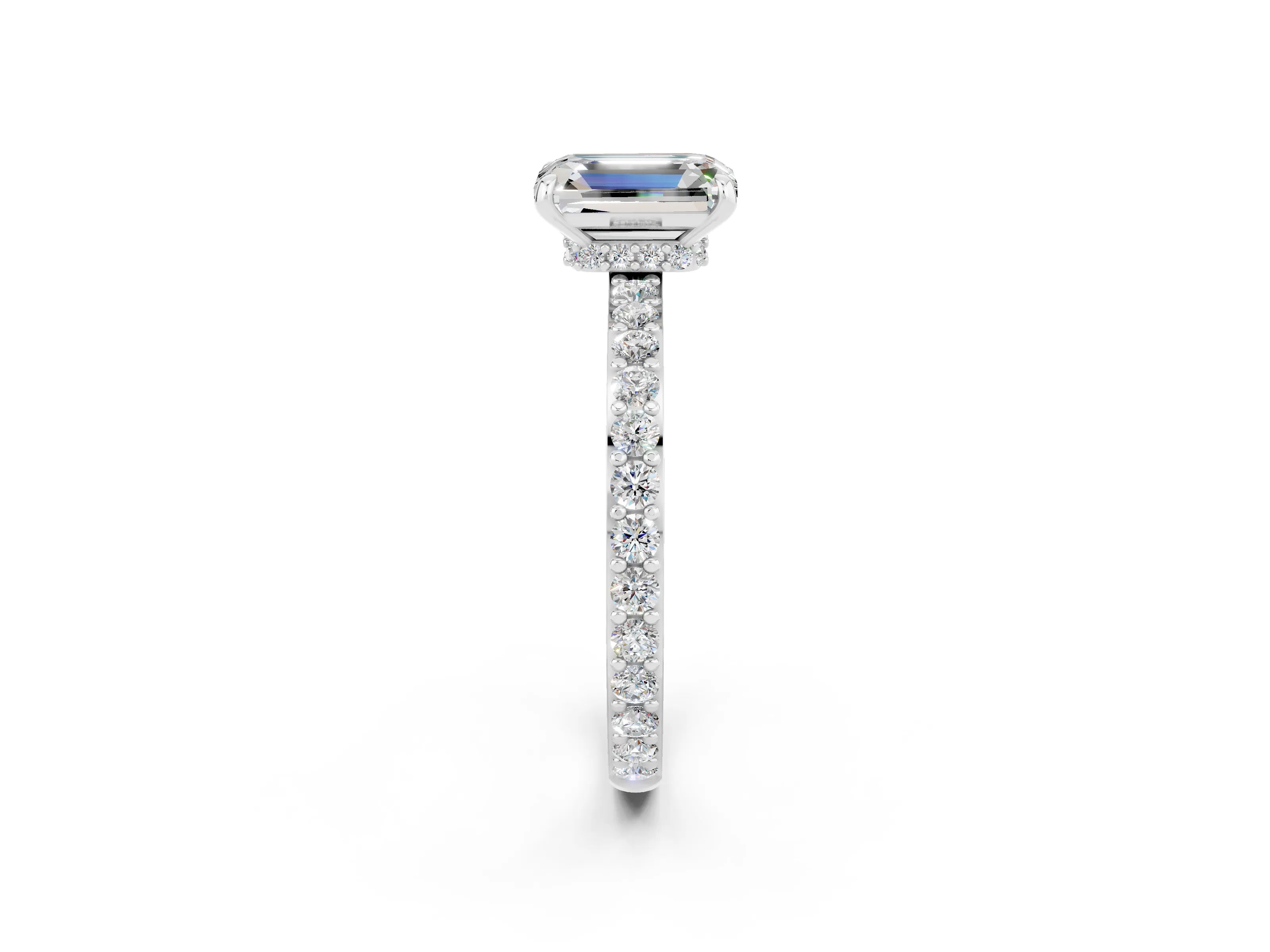 White gold Emerald Cut Moissanite Solitaire Engagement Ring with Pavé Band and Four-Prong Setting_2