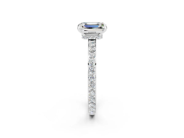 White gold Emerald Cut Moissanite Solitaire Engagement Ring with Pavé Band and Four-Prong Setting