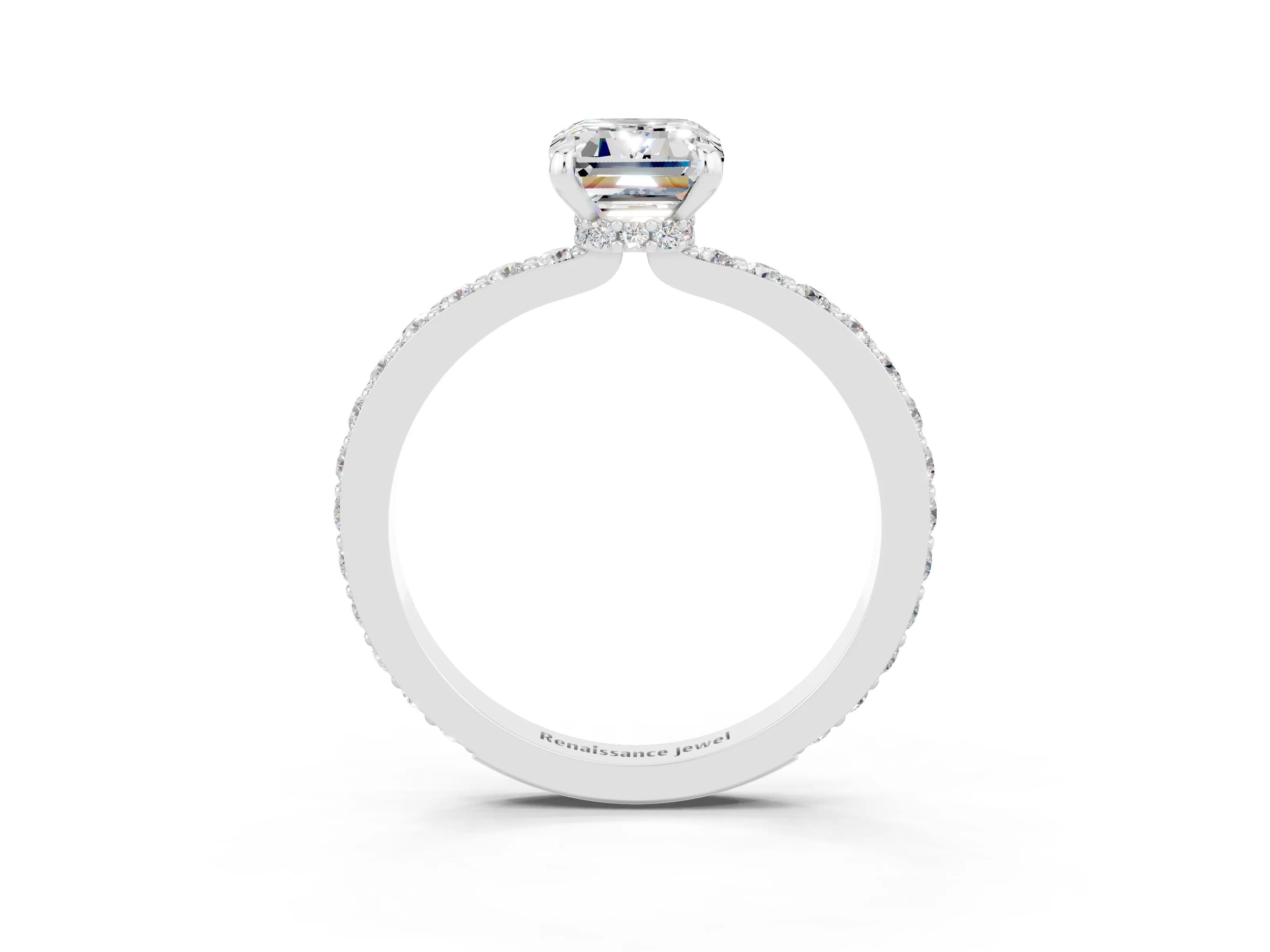 White gold Emerald Cut Moissanite Solitaire Engagement Ring with Pavé Band and Four-Prong Setting_3
