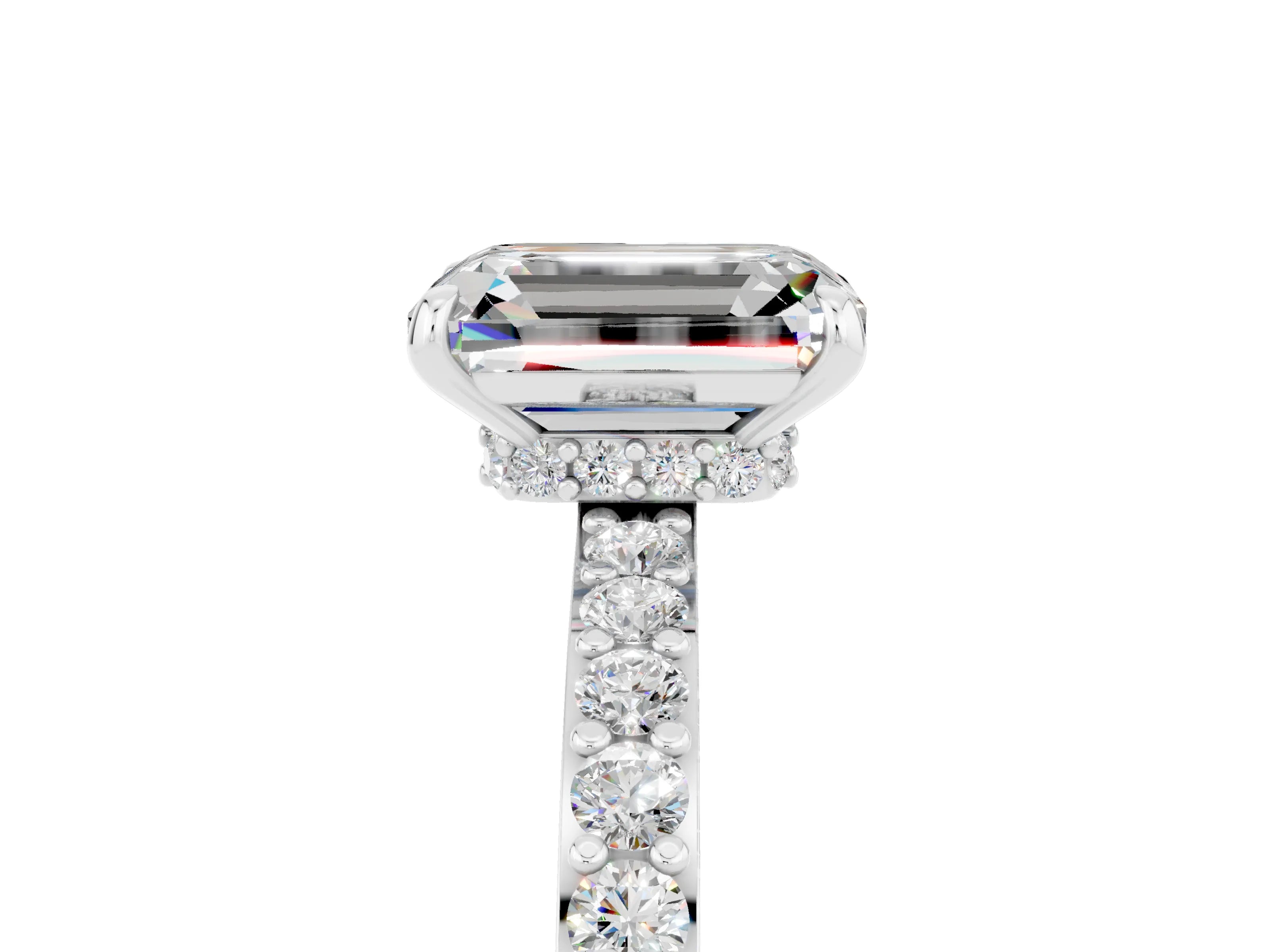 White gold Emerald Cut Moissanite Solitaire Engagement Ring with Pavé Band and Four-Prong Setting_5