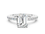 White gold Emerald Cut Moissanite Solitaire Engagement Ring with Pavé Band and Four-Prong Setting