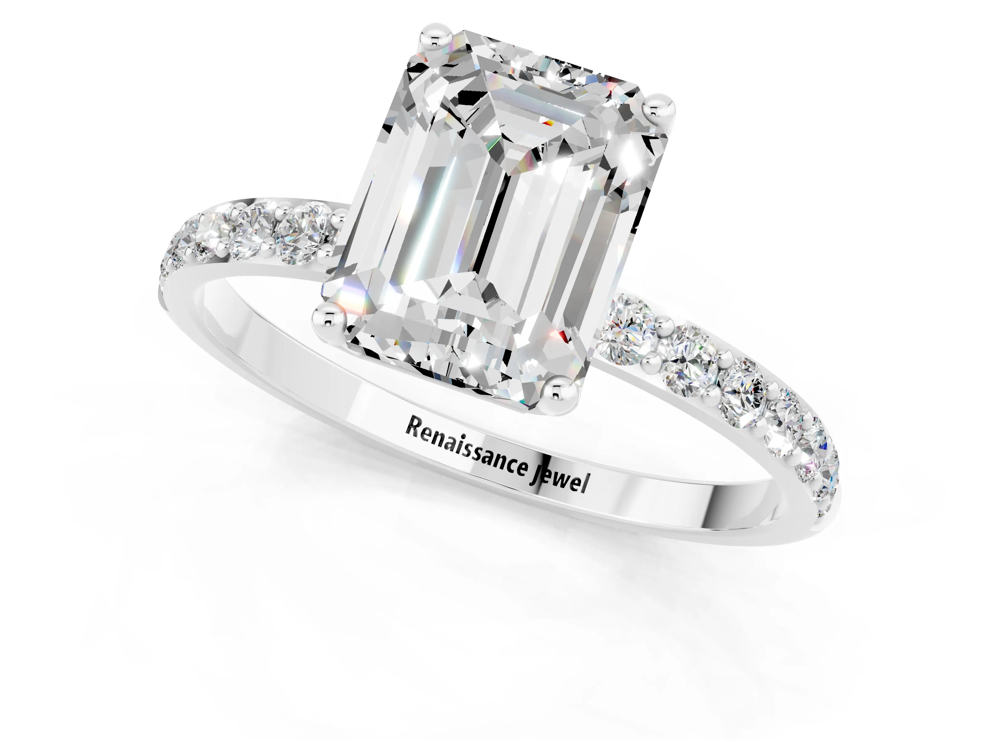 White gold Emerald Cut Moissanite Solitaire Engagement Ring with Pavé Band and Prong Setting_1
