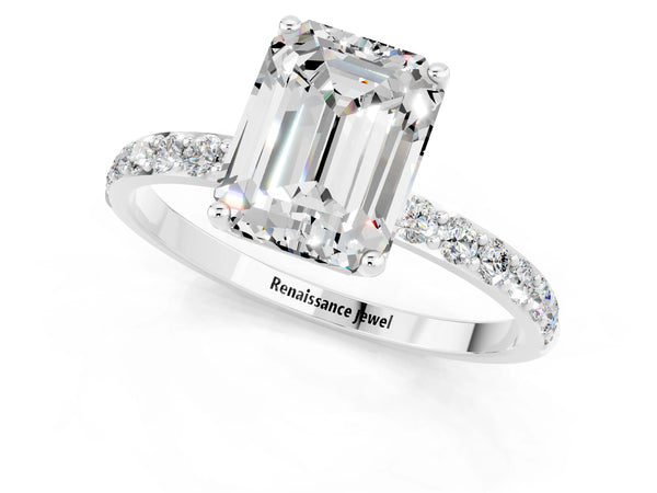 Silver Emerald Cut Moissanite Solitaire Engagement Ring with Round  Pavé Band and Prong Setting