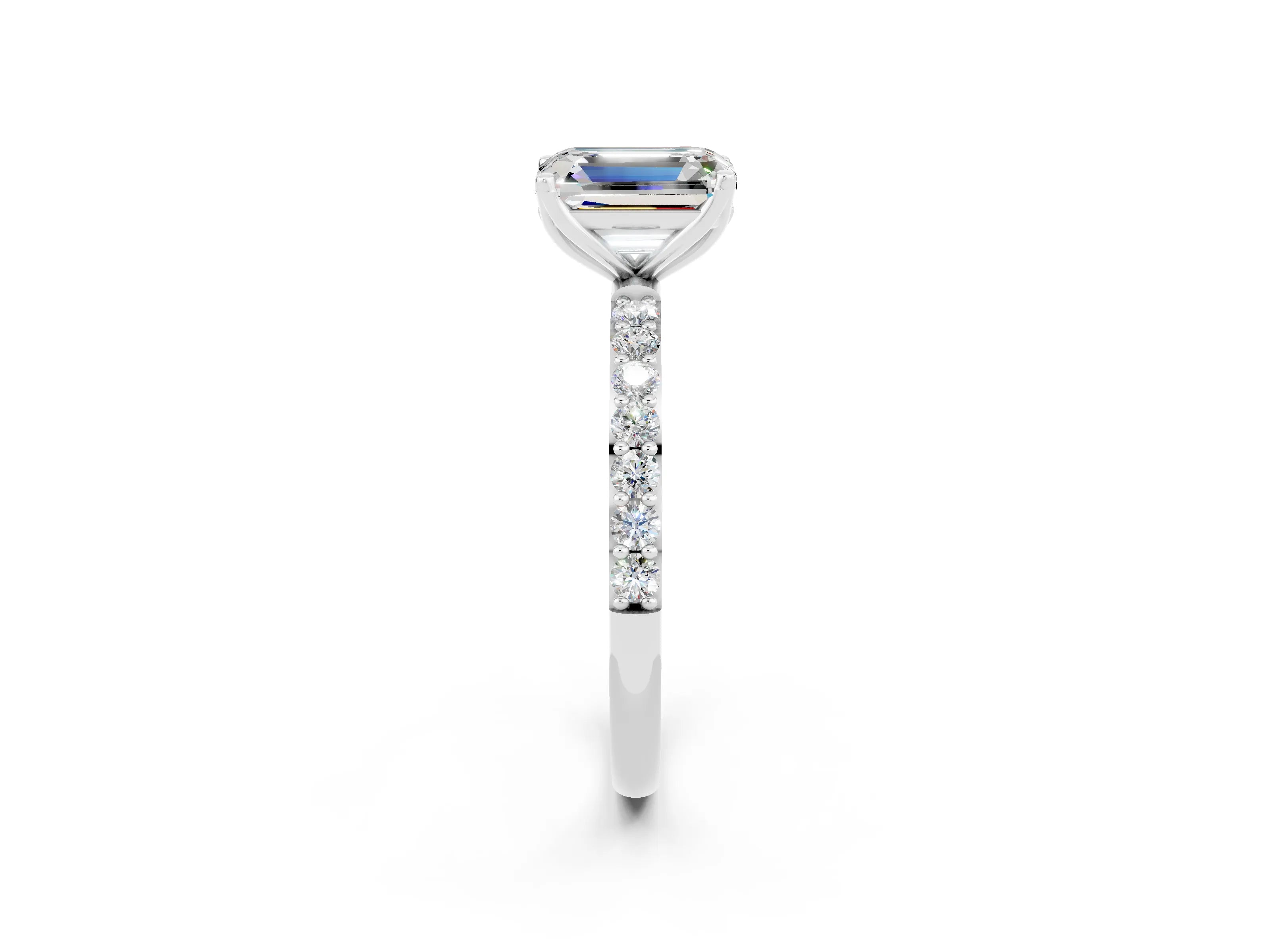 White gold Emerald Cut Moissanite Solitaire Engagement Ring with Pavé Band and Prong Setting_2
