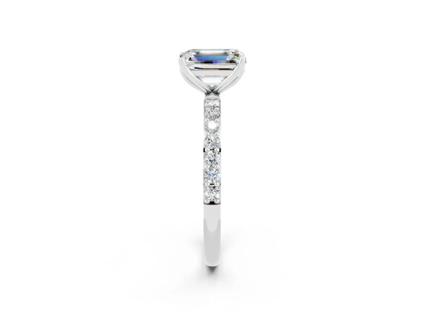 White gold Emerald Cut Moissanite Solitaire Engagement Ring with Round  Pavé Band and Prong Setting