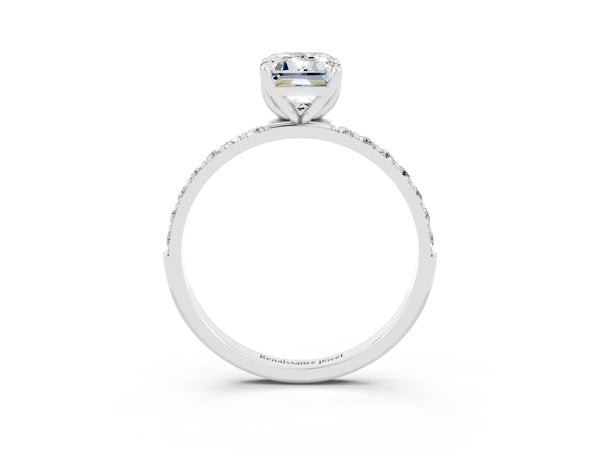 Platinum Emerald Cut Moissanite Solitaire Engagement Ring with Round  Pavé Band and Prong Setting