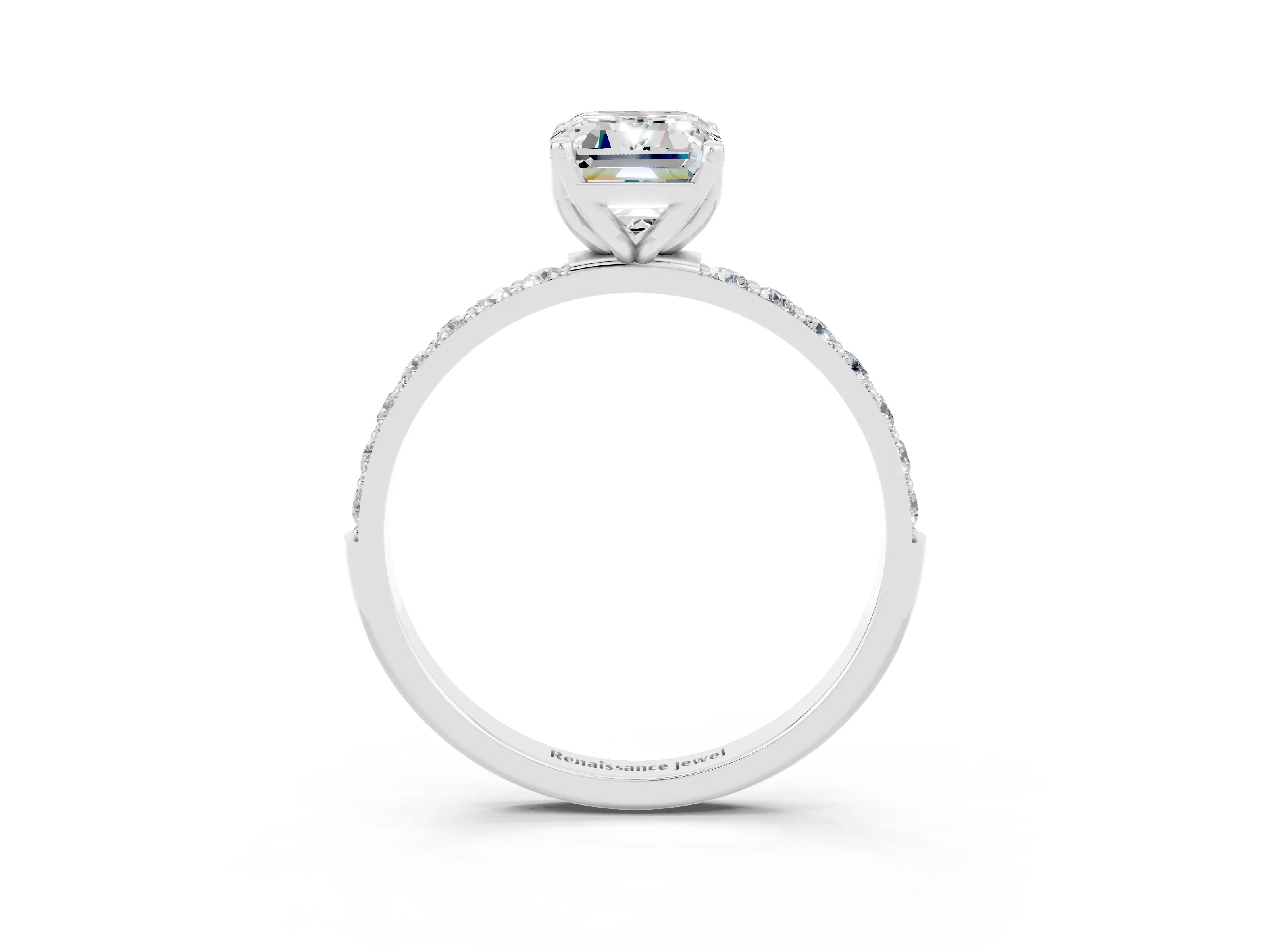 White gold Emerald Cut Moissanite Solitaire Engagement Ring with Pavé Band and Prong Setting_3