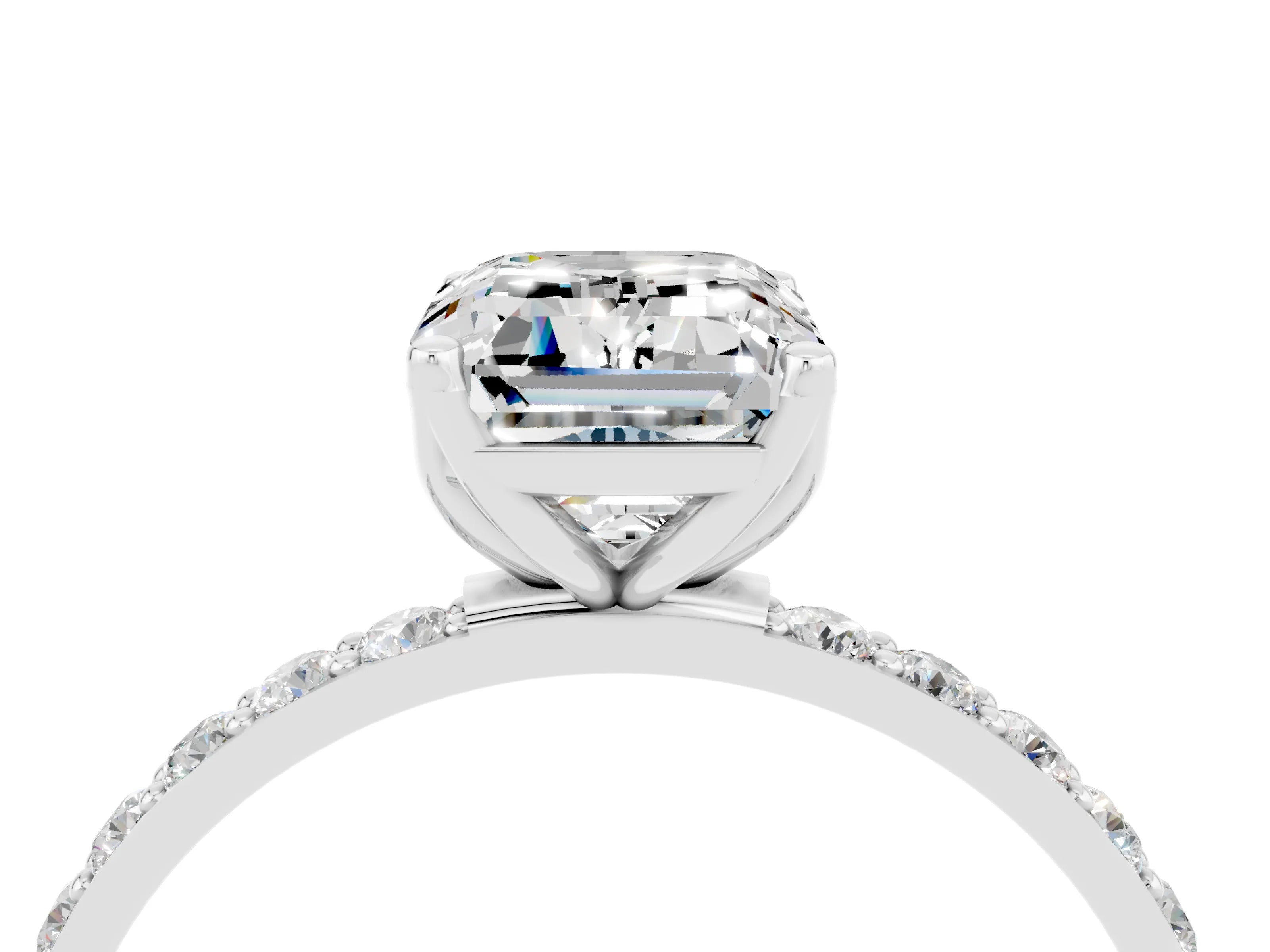 White gold Emerald Cut Moissanite Solitaire Engagement Ring with Pavé Band and Prong Setting_4