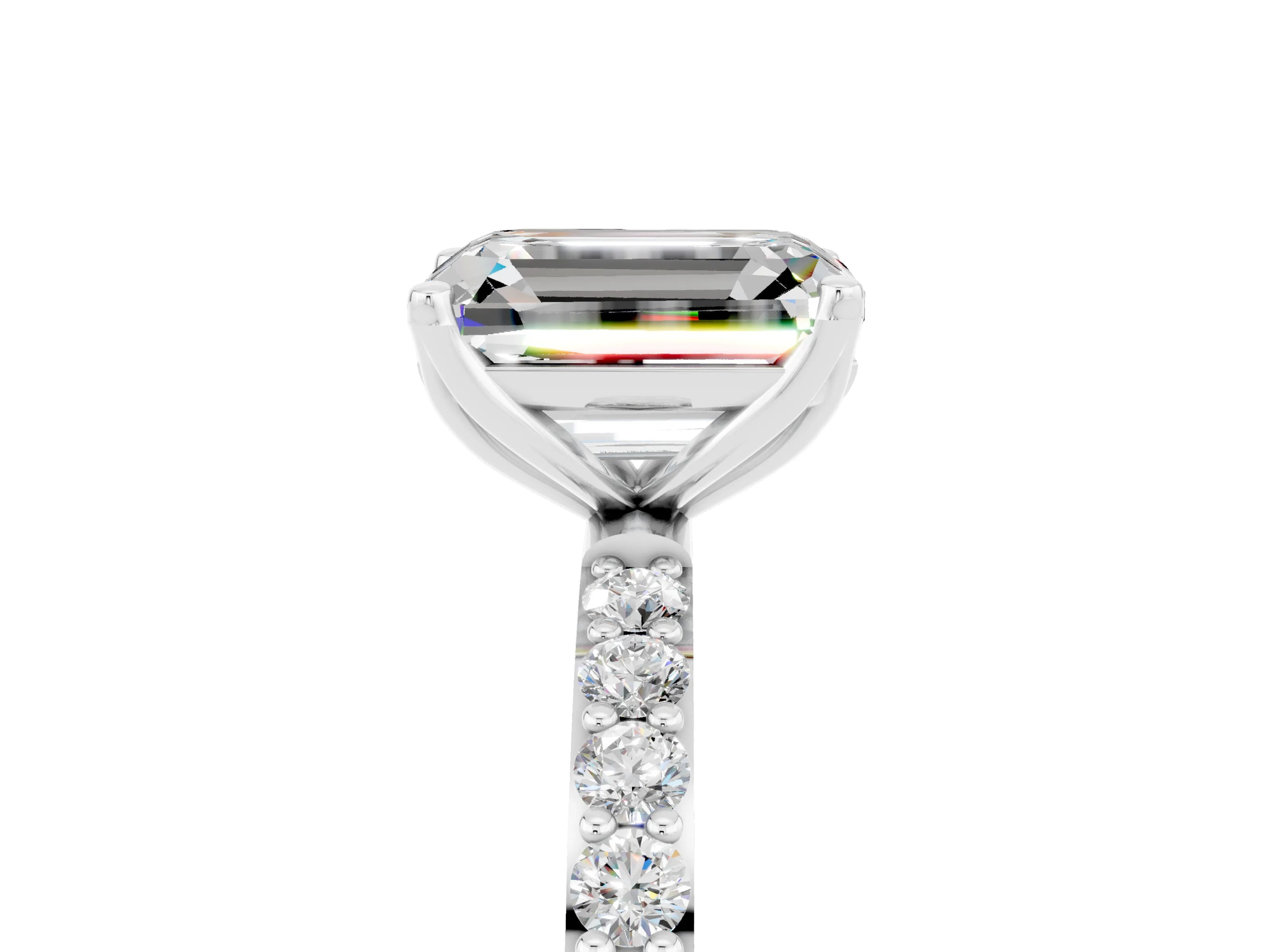 White gold Emerald Cut Moissanite Solitaire Engagement Ring with Pavé Band and Prong Setting_5
